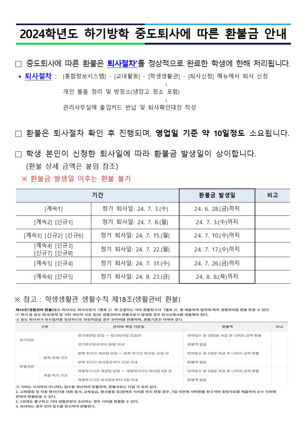 2024학년도 하기방학 중도퇴사에 따른 환불금 안내